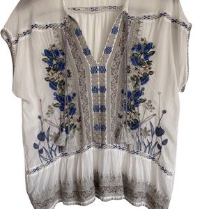 Johnny Was Noah Blouse Blue Silver White Embroidered Small Boho Coquette Sheer